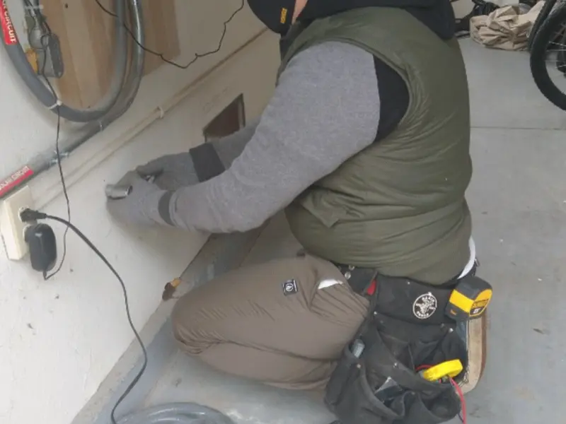 Electrician performing outlet wiring in a Green Brook garage